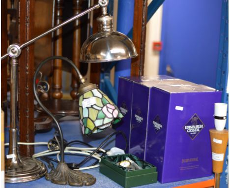 ART NOUVEAU STYLE TABLE LAMP, VINTAGE ANGLE POISE LAMP, SMALL CRYSTAL CLOCK &amp; 3 BOXED SETS OF EDINBURGH CRYSTAL GLASSES  