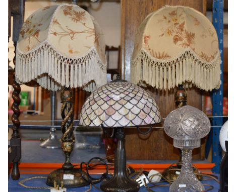 PAIR OF DECORATIVE OLD TWIST COLUMN TABLE LAMPS, ART NOUVEAU STYLE TABLE LAMP &amp; CRYSTAL TABLE LAMP      