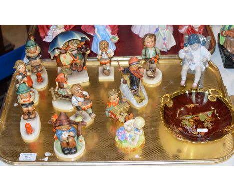 TRAY WITH ASSORTED HUMMEL FIGURINE ORNAMENTS, ROYAL WORCESTER FIGURINE ORNAMENT, LLADRO FIGURINE ORNAMENT &amp; CROWN DEVON L