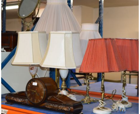 6 VARIOUS TABLE LAMPS &amp; MAHOGANY CASED MANTLE CLOCK      