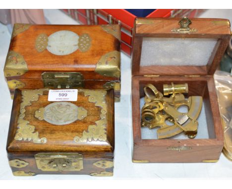 2 CHINESE JADE INSET JEWELLERY BOXES &amp; MINIATURE BRASS SEXTANT IN BOX      