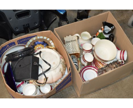 2 BOXES WITH MIXED CERAMICS, ROYAL WORCESTER DISH, QUANTITY TEA WARE, TOBY JUG, ORIENTAL STYLE STAND ETC      