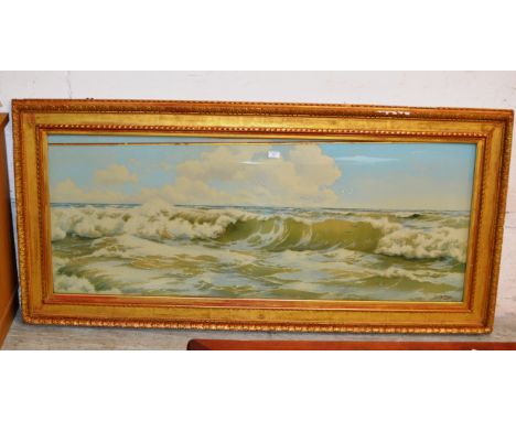 23½" X 59½" GILT FRAMED WATERCOLOUR - SEASCAPE WITH BIRDS, BY CRAIG      
