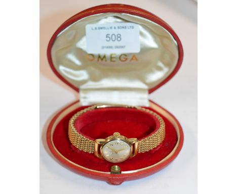 VINTAGE OMEGA LADIES 9 CARAT GOLD CASED WRIST WATCH ON 9 CARAT GOLD BRACELET WITH ORIGINAL BOX - APPROXIMATE WEIGHT = 33.1 GR