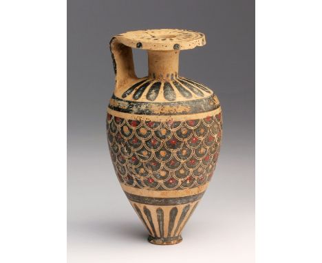 A Corinthian piriform aryballos End of 7th - early 6th century BC; 10,2 cm (4,01 in) high; The body decorated with a central 