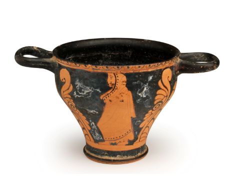 An Etruscan red-figured skyphos 4th century BC; 13,5 cm (5,31 in) high; 25 cm (9,84 in) diameter; Decorated on one side with 