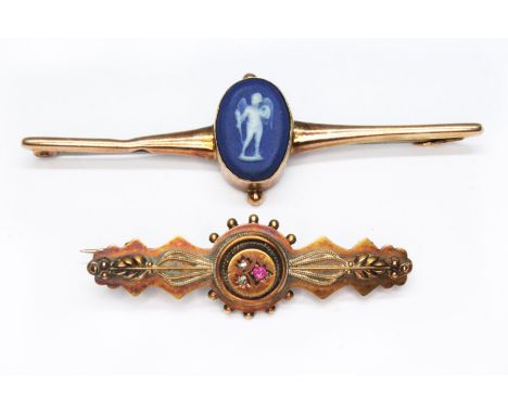 Two antique bar brooches, one set with diamonds and a ruby marked '15ct' wt. 3.4g, the other hallmarked 9ct gold and set with