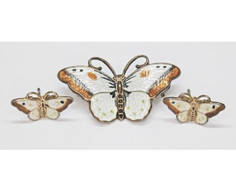 A Norwegian silver and enamel butterfly brooch by Hroar Prydz and a pair of matching earrings, all marked 'Sterling 925S Norw