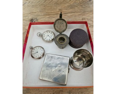 A hallmarked silver cigarette case, Percy Frederick Jackson, Birmingham, 1931, gross wt. 4.3 ozt. together with two pocket wa