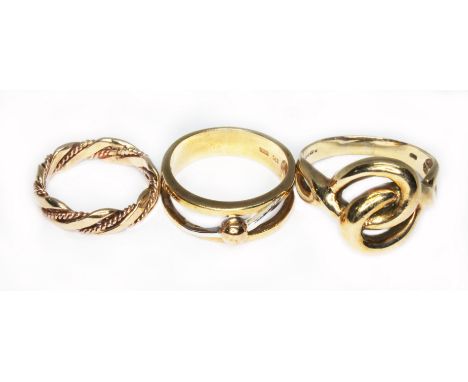 Three rings; two hallmarked 9ct gold and another marked '375', wt. 10.1g, sizes H, N &amp; S.  