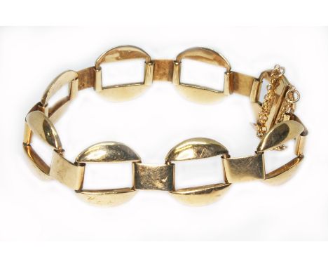 A split half moon and rectangular link bracelet, marked 'S&amp;P' and '9ct', length 20cm, wt. 18.1g.  