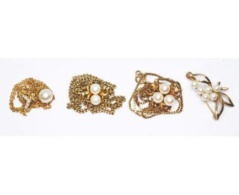 Cultured pearl jewellery comprising two diamond and pearl pendants, another pendant and a brooch, various 9ct marks, gross wt