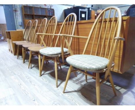 A set of six Ercol chairs, as found.&nbsp;Condition - three with splits to top sections, various scuffs and scratches.