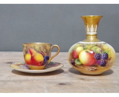 Royal Worcester painted fruit comprising a matched cup and saucer signed 'W. Bee' and 'W Hale' and a vase signed 'H Aryton'. 