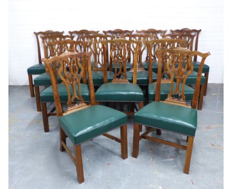 Set of fourteen Chippendale style side chairs of recent construction, with green vinyl upholstered stuff over seats, (some la