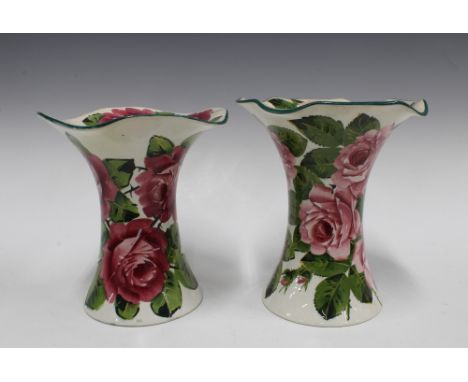 TWO WEMYSS LADY EVA VASES, painted with cabbage roses and with green rims, script marks to base (2) 18 x 21cm. 