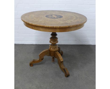 19th century Italian parquetry inlaid centre table, likely Sorrento, the circular top with a bird to the centre, on an inlaid