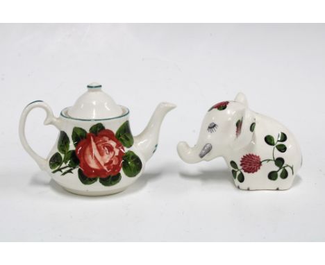 Griselda Hill Pottery Wemyss roses miniature teapot, with painters initials ES together with a Plichta clover pattern elephan