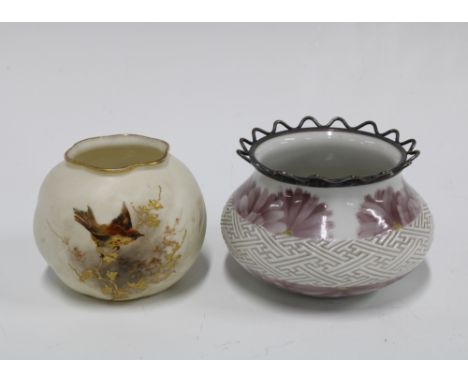 Royal China Works, Worcester, handpainted bird pattern vase  together with a Japanese porcelain vase (2) 10 x 7cm. 