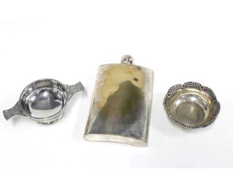 A large silver plated hip flask, Epns quaich and a small bowl, stamped silver (3) 