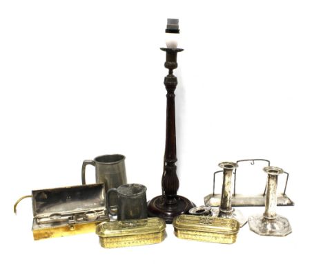 Mixed lot, including a wooden table lamp, silver plate candlesticks, a French brass curling tongs heater box,&nbsp; etc