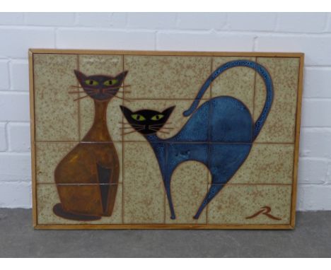 20th century tiled panel depicting two cats, signed with initial 'R', framed, 62 x 42cm. 
