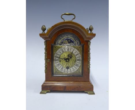 Walnut cased mantle clock, moonphase brass dial with silvered chapter ring, inscribed John Smith, London, with French brass m