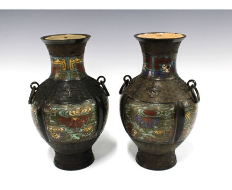 A pair of large Chinese bronze and champleve vases, archaic form with ring loops to the shoulders, each vase has been fitted 