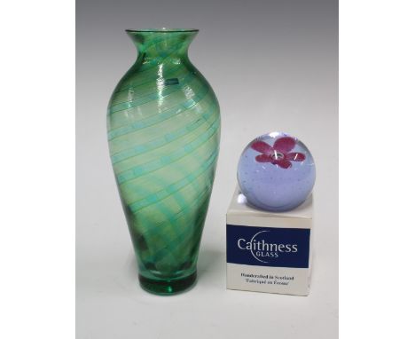 Caithness Glass paperweight, boxed and a Caithness green art glass vase, (2) 9 x 22cm. 