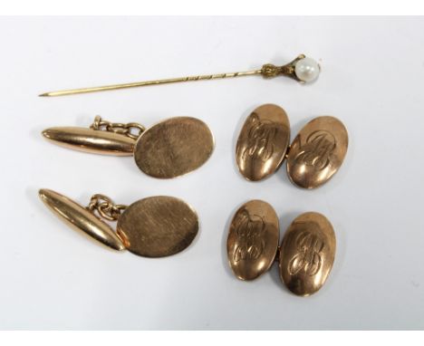 Two pairs of 9ct gold cufflinks and a pearl tie pin claw set in yellow metal (3) 