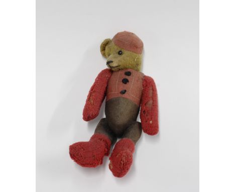 Early 20th century Bell boy, Yes/No automaton bear, perhaps by Schuco, with felt clothing, stitched nose and yes/no wagging t