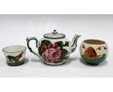 Wemyss pottery miniature teapot painted with cabbage roses and a cockerel 'Bon Jour' bowl, both retailed by Thomas Goode of S