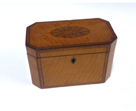 19th century mahogany tea caddy, hinged top with an inlaid paterae, lead lined interior with two lids, 20 x 12cm 