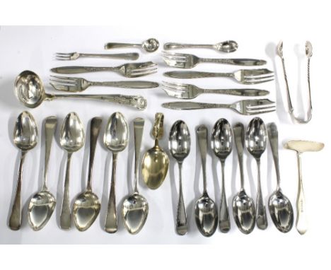 Six Georgian silver teaspoons, Old English pattern, sheffield silver sugar tongs, an Edinburgh silver sauce ladle and mixed E