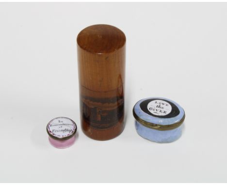 'Love the Giver' &amp; 'In Remembrance of Friendship', 2 18th century enamel patch boxes together with a Mauchline cylindrica