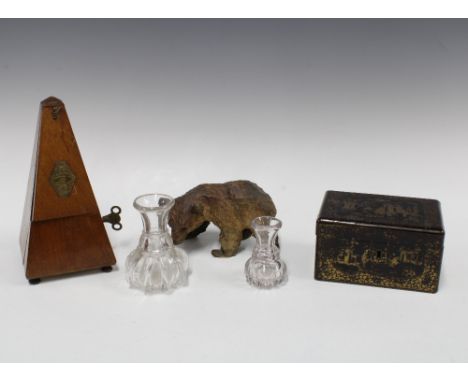 Mixed lot to include a metronome, black forest carved bear,lacquered box and glass measures, (a lot) 