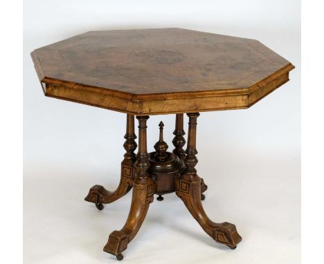 CENTRE TABLE, 71cm H x 91cm W, Victorian burr walnut and inlaid, circa 1860, with octagonal top and ceramic castors. 