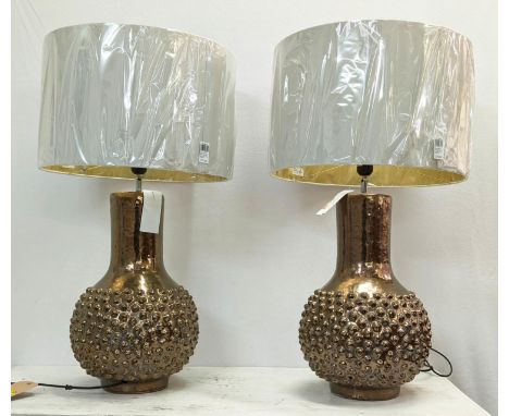 COACH HOUSE TABLE LAMPS, a pair, 79cm H silver glazed ceramic, with shades. (2) 