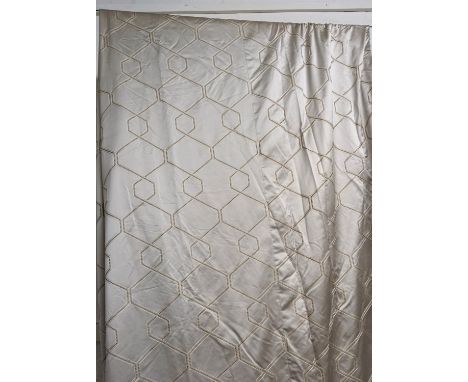 CURTAINS, a pair, silver grey fabric, lined and interlined geometric pattern, approx. 120cm gathered x 410cm drop. (2) 