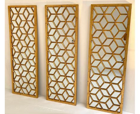 ARCHITECTURAL ACCENT MIRRORS, a set of three, gilt framed, 118cm x 40cm. (3) 
