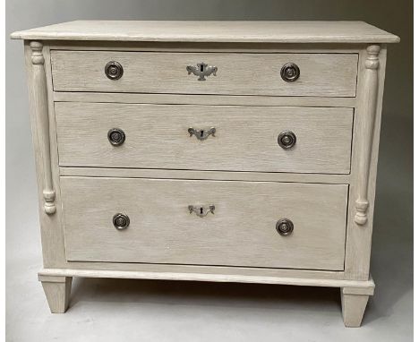 COMMODE, 100cm W x 53cm D x 85cm H, 19th century North European, traditionally grey painted, with three long drawers and silv