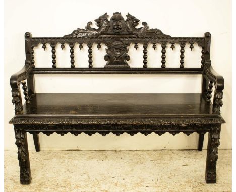 BENCH, 108cm H x 134cm x 52cm, late Victorian ebonised and carved. 