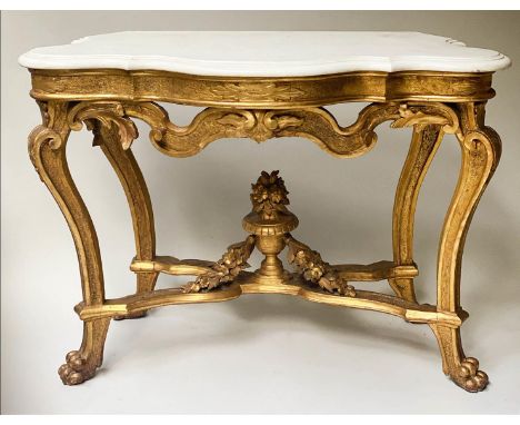 CONSOLE TABLE, 19th century Italian carved giltwood with serpentine moulded fine white marble top, possibly original and X st