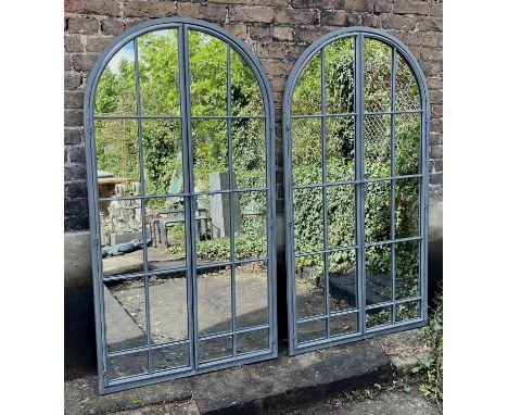 ARCHITECTURAL GARDEN MIRRORS, a pair, gated design, 170cm x 90cm. (2) 