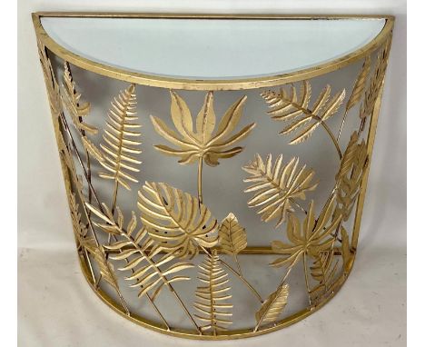 DEMI LUNE CONSOLE TABLE, gilt metal foliate design, 86cm x 35cm x 77cm. 