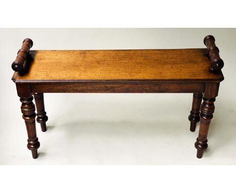 HALL BENCH, 19th century English walnut rectangular with bolster handles and turned supports, circa 1880, 89cm x 28cm x 51cm 