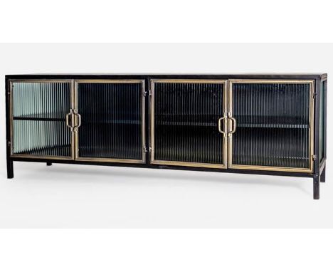 MEDIA CONSOLE, 56cm x 160cm x 44cm, 1950's French style, black painted metal with gilt accents. 