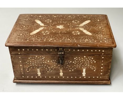 TRUNK, antique Indo Portuguese style teak and bone inlaid with fitted interior, 46cm x 30cm x 22cm H. 