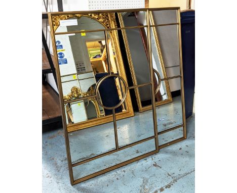 ARCHITECTURAL WALL MIRRORS, a pair, 110cm x 70cm, gilt metal frames. (2) 