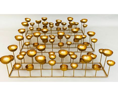 TEA LIGHT CENTRE TABLE PIECES, a set of three, gilt metal, 55cm x 16cm x 13cm (3). 